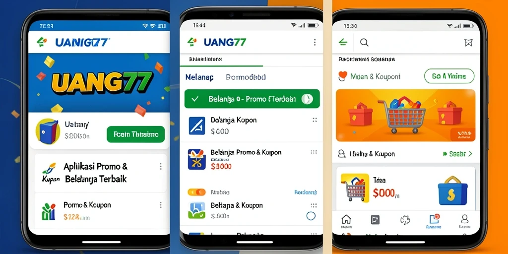 Tampilan antarmuka aplikasi Promo & Kupon UANG77 yang menarik.